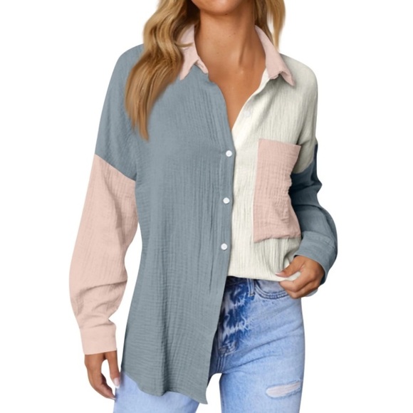 Tops - Colorblock button down gauzy long sleeve top